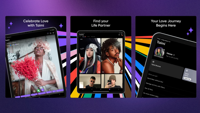 Three screenshots of the Taimi dating app show its features against a purple background.