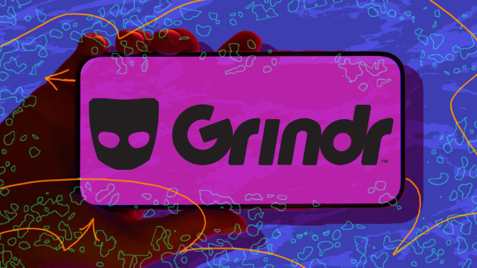 Phone screen with the word Grindr on it